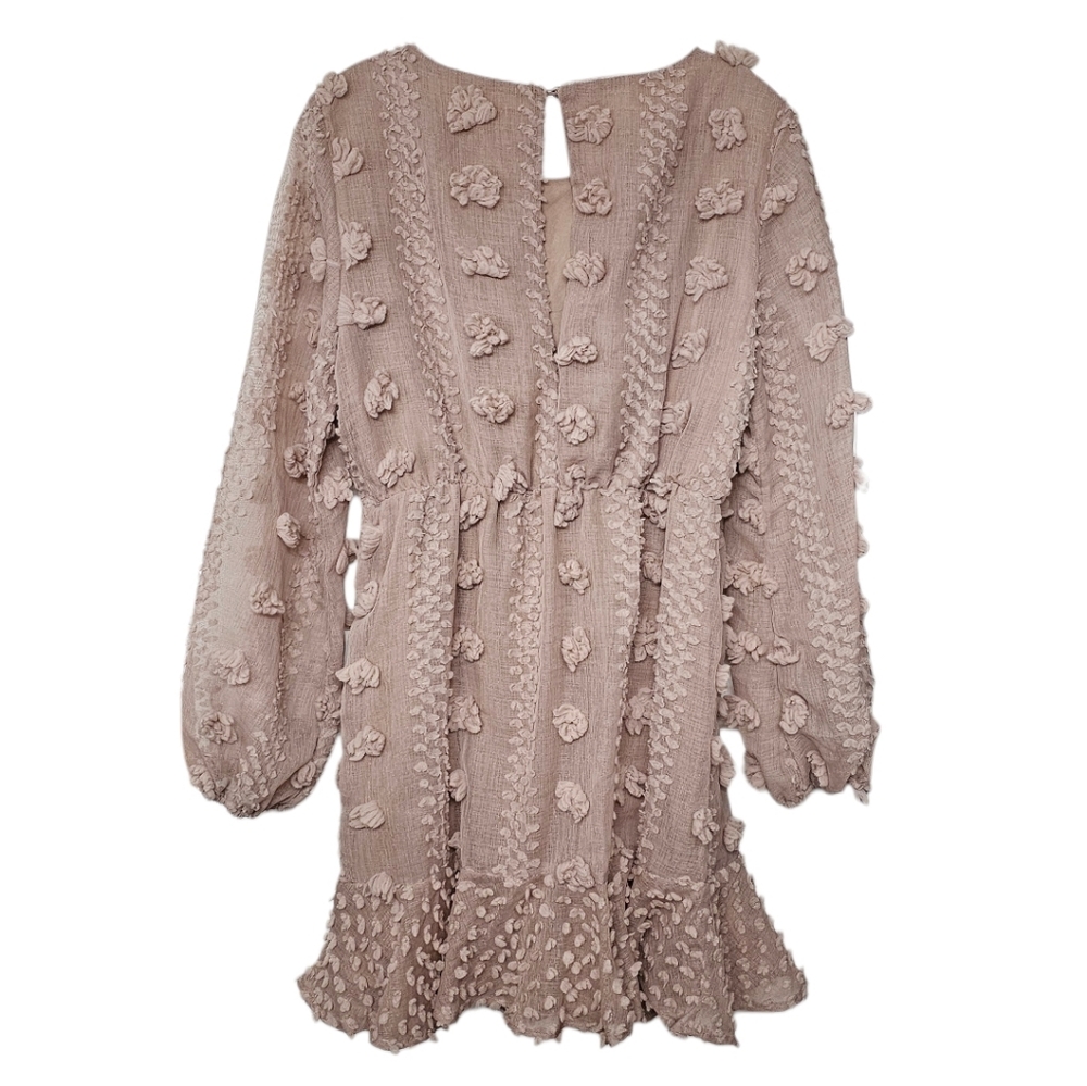 &merci Beige Nude Fairycore Mini Dress Puff Long Sleeves 3D Floral Appliques Sm - Picture 3 of 11